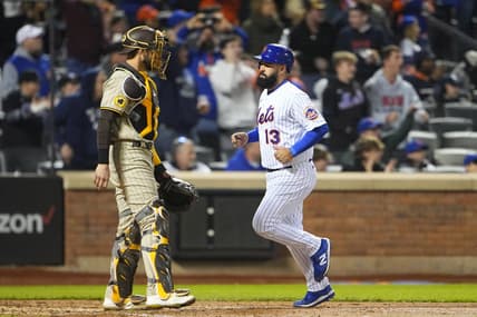 Apr 10, 2023; New York City, New York, USA; New York Mets second baseman Luis Guillorme (13) scores a run on New York Mets shortstop Francisco Lindor (12) (not pictured) RBI double against the San Diego Padres during the seventh inning at Citi Field. Mandatory Credit: Gregory Fisher-USA TODAY Sports