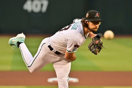 Apr 10, 2023; Phoenix, Arizona, USA; Arizona Diamondbacks starting pitcher Zac Gallen (23) throws in the first inning against the Milwaukee Brewers at Chase Field. Mandatory Credit: Matt Kartozian-USA TODAY Sports