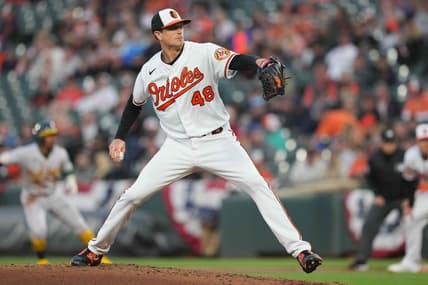 Apr 10, 2023; Baltimore, Maryland, USA; Baltimore Orioles pitcher Kyle Gibson (48) delivers in the third inning against the Oakland Athletics at Oriole Park at Camden Yards. Mandatory Credit: Mitch Stringer-USA TODAY Sports