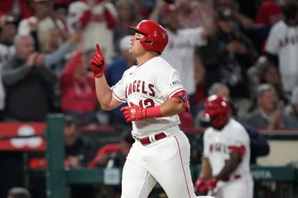 Apr 10, 2023; Anaheim, California, USA; Los Angeles Angels right fielder Hunter Renfroe (12) rounds the bases after hitting a solo home run in the third inning against the Washington Nationals at Angel Stadium. Mandatory Credit: Kirby Lee-USA TODAY Sports
