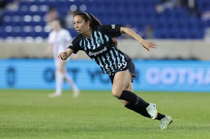 Apr 1, 2023; Harrison, New Jersey, USA; New Jersey/New York Gotham FC midfielder Victoria Pickett (99) in action against the OL Reign during the second half at Red Bull Arena. Mandatory Credit: Vincent Carchietta-USA TODAY Sports