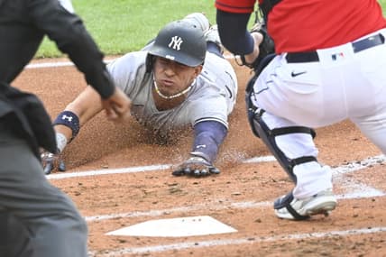 Apr 11, 2023; Cleveland, Ohio, USA; New York Yankees shortstop Oswaldo Cabrera (95) scores in the second inning against the Cleveland Guardians at Progressive Field. Mandatory Credit: David Richard-USA TODAY Sports