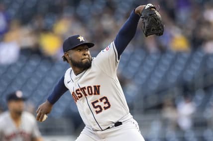 Apr 11, 2023; Pittsburgh, Pennsylvania, USA; Houston Astros starting pitcher Cristian Javier (53) throws the ball against the Pittsburgh Pirates during the first inning at PNC Park. Mandatory Credit: Scott Galvin-USA TODAY Sports