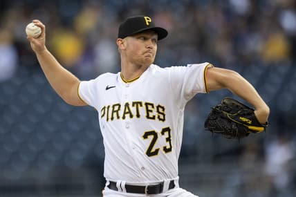 Apr 11, 2023; Pittsburgh, Pennsylvania, USA; Pittsburgh Pirates starting pitcher Mitch Keller (23) throws the ball to start the game against the Houston Astros at PNC Park. Mandatory Credit: Scott Galvin-USA TODAY Sports