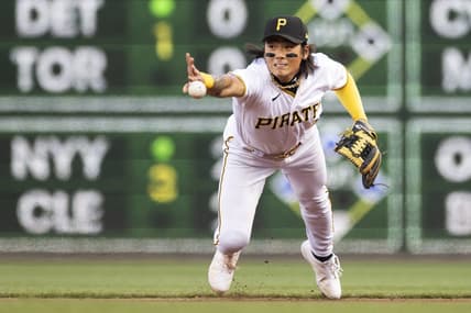 Apr 11, 2023; Pittsburgh, Pennsylvania, USA; Pittsburgh Pirates second baseman Ji Hwan Bae (3) tosses the ball to second base for the first out of the second inning against the Houston Astros at PNC Park. Mandatory Credit: Scott Galvin-USA TODAY Sports