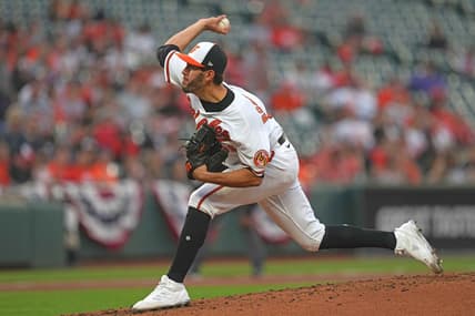 Apr 11, 2023; Baltimore, Maryland, USA; Baltimore Orioles pitcher Grayson Rodriguez (30) delivers in the second inning against the Oakland Athletics at Oriole Park at Camden Yards. Mandatory Credit: Mitch Stringer-USA TODAY Sports