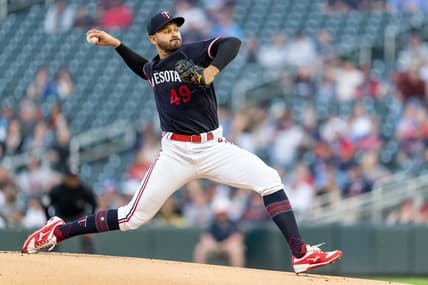 Apr 11, 2023; Minneapolis, Minnesota, USA; Minnesota Twins starting pitcher Pablo Lopez (49) is the starting pitcher against the Chicago White Sox in the first inning at Target Field. Mandatory Credit: Matt Blewett-USA TODAY Sports