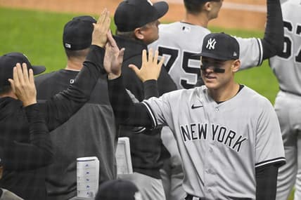 Apr 11, 2023; Cleveland, Ohio, USA; New York Yankees first baseman Anthony Rizzo (48) celebrates a win over the Cleveland Guardians at Progressive Field. Mandatory Credit: David Richard-USA TODAY Sports