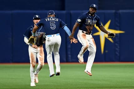 Apr 11, 2023; St. Petersburg, Florida, USA; Tampa Bay Rays left fielder Randy Arozarena (56) and shortstop Wander Franco (5) celebrate  after defeating the Boston Red Sox at Tropicana Field. Mandatory Credit: Jonathan Dyer-USA TODAY Sports
