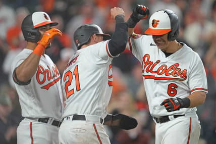 Apr 11, 2023; Baltimore, Maryland, USA; Baltimore Orioles first baseman Ryan Mountcastle (6) greeted by outfielders Austin Hays (21) and Anthony Santander (25) following his seventh inning grand slam against the Oakland Athletics at Oriole Park at Camden Yards. Mandatory Credit: Mitch Stringer-USA TODAY Sports