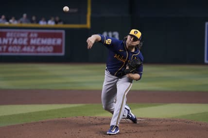 Apr 11, 2023; Phoenix, Arizona, USA; Milwaukee Brewers starting pitcher Corbin Burnes (39) throws against the Arizona Diamondbacks in the first inning at Chase Field. Mandatory Credit: Rick Scuteri-USA TODAY Sports