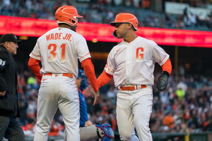 Apr 11, 2023; San Francisco, California, USA;  San Francisco Giants first baseman LaMonte Wade Jr. (31) and San Francisco Giants right fielder Michael Conforto (8) celebrate after the score against the Los Angeles Dodgers during the first inning at Oracle Park. Mandatory Credit: Neville E. Guard-USA TODAY Sports