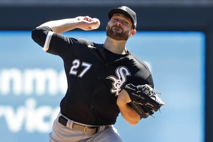 Apr 12, 2023; Minneapolis, Minnesota, USA; Chicago White Sox starting pitcher Lucas Giolito (27) throws to the Minnesota Twins in the first inning at Target Field. Mandatory Credit: Bruce Kluckhohn-USA TODAY Sports