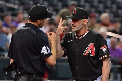 Apr 12, 2023; Phoenix, Arizona, USA;  Arizona Diamondbacks manager Torey Lovullo (17) argues with umpire Gabe Morales (47) after being ejected in the third inning against the Milwaukee Brewers at Chase Field. Mandatory Credit: Matt Kartozian-USA TODAY Sports