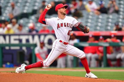 Apr 12, 2023; Anaheim, California, USA; Los Angeles Angels starting pitcher Griffin Canning (47) throws against the Washington Nationals during the first inning at Angel Stadium. Mandatory Credit: Gary A. Vasquez-USA TODAY Sports