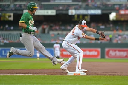 Apr 12, 2023; Baltimore, Maryland, USA;  Baltimore Orioles first baseman Ryan Mountcastle (6) holds secures the ball for the force out of Oakland Athletics third baseman Jace Peterson (6) in the second inning at Oriole Park at Camden Yards. Mandatory Credit: Tommy Gilligan-USA TODAY Sports