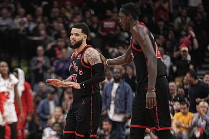 Apr 12, 2023; Toronto, Ontario, CAN; Toronto Raptors guard Fred VanVleet (23) and forward Pascal Siakam (43) come off the court durin a time out against the Chicago Bulls during the second half of a NBA Play-In game at Scotiabank Arena. Mandatory Credit: John E. Sokolowski-USA TODAY Sports
