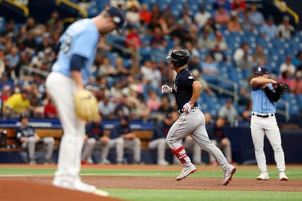Apr 13, 2023; St. Petersburg, Florida, USA;  Boston Red Sox left fielder Rob Refsnyder (30) runs the bases after hitting a home run off of Tampa Bay Rays starting pitcher Jeffrey Springs (59) in the first inning at Tropicana Field. Mandatory Credit: Nathan Ray Seebeck-USA TODAY Sports