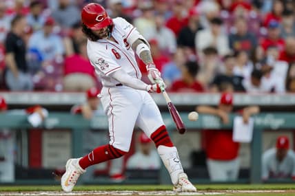 Apr 13, 2023; Cincinnati, Ohio, USA; Cincinnati Reds designated hitter Jonathan India (6) hits a double in the first inning against the Philadelphia Phillies at Great American Ball Park. Mandatory Credit: Katie Stratman-USA TODAY Sports
