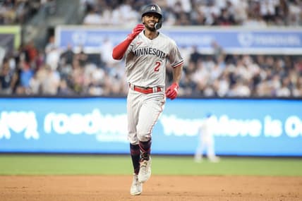 Apr 13, 2023; Bronx, New York, USA;  Minnesota Twins center fielder Michael A. Taylor (2) rounds the bases after hitting a two run home run in the first inning against the New York Yankees at Yankee Stadium. Mandatory Credit: Wendell Cruz-USA TODAY Sports
