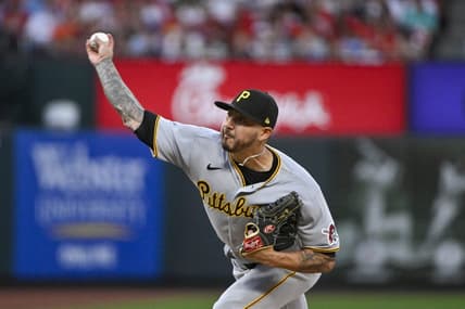 Apr 13, 2023; St. Louis, Missouri, USA;  Pittsburgh Pirates starting pitcher Vince Velasquez (27) pitches against the St. Louis Cardinals during the second inning at Busch Stadium. Mandatory Credit: Jeff Curry-USA TODAY Sports