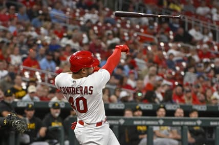 Apr 13, 2023; St. Louis, Missouri, USA;  St. Louis Cardinals catcher Willson Contreras (40) loses his bat as he swings during the fourth inning against the Pittsburgh Pirates at Busch Stadium. Mandatory Credit: Jeff Curry-USA TODAY Sports