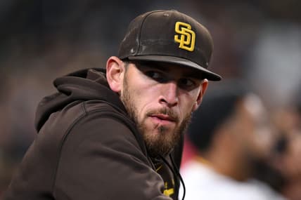 Apr 13, 2023; San Diego, California, USA; San Diego Padres pitcher Joe Musgrove (44) looks on from the dugout during the fifth inning against the Milwaukee Brewers at Petco Park. Mandatory Credit: Orlando Ramirez-USA TODAY Sports