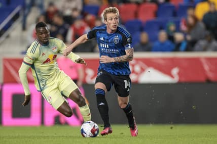 Apr 8, 2023; Harrison, New Jersey, USA; San Jose Earthquakes midfielder Jackson Yueill (14) in action against the New York Red Bulls during the first half at Red Bull Arena. Mandatory Credit: Vincent Carchietta-USA TODAY Sports