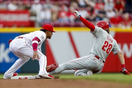 Apr 14, 2023; Cincinnati, Ohio, USA; Cincinnati Reds shortstop Jose Barrero (2) tags Philadelphia Phillies first baseman Alec Bohm (28) out at second in the second inning at Great American Ball Park. Mandatory Credit: Katie Stratman-USA TODAY Sports