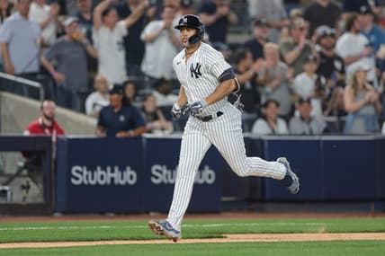 Apr 14, 2023; Bronx, New York, USA; New York Yankees right fielder Giancarlo Stanton (27) runs the base path after hitting a solo home run during the sixth inning against the Minnesota Twins at Yankee Stadium. Mandatory Credit: Vincent Carchietta-USA TODAY Sports