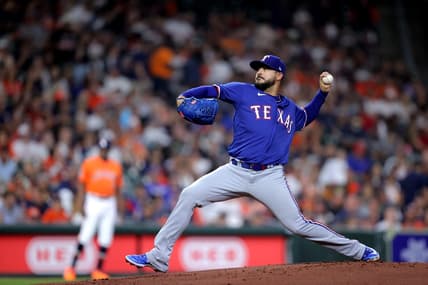 Apr 14, 2023; Houston, Texas, USA; Texas Rangers starting pitcher Martin Perez (54) delivers a pitch against the Houston Astros during the first inning at Minute Maid Park. Mandatory Credit: Erik Williams-USA TODAY Sports