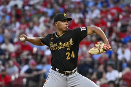 Apr 14, 2023; St. Louis, Missouri, USA;  Pittsburgh Pirates starting pitcher Johan Oviedo (24) pitches against the St. Louis Cardinals during the first inning at Busch Stadium. Mandatory Credit: Jeff Curry-USA TODAY Sports