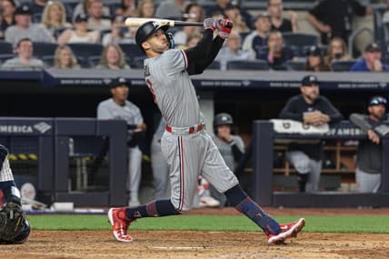 Apr 14, 2023; Bronx, New York, USA; Minnesota Twins shortstop Carlos Correa (4) looks up at his solo home run during the sixth inning against the New York Yankees at Yankee Stadium. Mandatory Credit: Vincent Carchietta-USA TODAY Sports