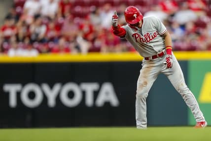 Apr 14, 2023; Cincinnati, Ohio, USA; Philadelphia Phillies second baseman Bryson Stott (5) reacts after hitting a double in the fourth inning against the Cincinnati Reds at Great American Ball Park. Mandatory Credit: Katie Stratman-USA TODAY Sports