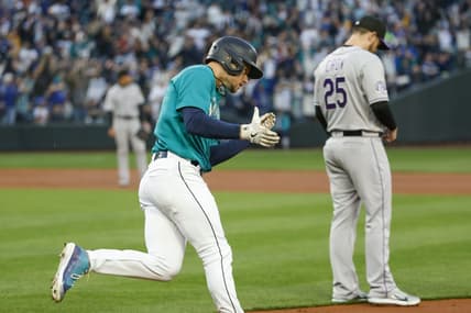Apr 14, 2023; Seattle, Washington, USA; Seattle Mariners left fielder Jarred Kelenic (10) celebrates after hitting a two-run home run against the Colorado Rockies during the second inning at T-Mobile Park. Mandatory Credit: Joe Nicholson-USA TODAY Sports