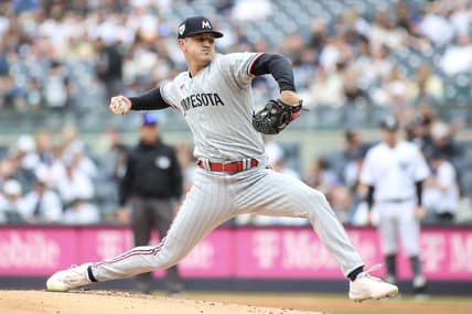 Apr 15, 2023; Bronx, New York, USA;  Minnesota Twins starting pitcher Tyler Mahle pitches in the first inning New York Yankees at Yankee Stadium. Mandatory Credit: Wendell Cruz-USA TODAY Sports