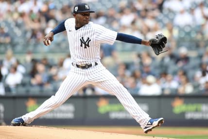 Apr 15, 2023; Bronx, New York, USA;  New York Yankees starting pitcher Domingo German pitches in the first inning against the Minnesota Twins at Yankee Stadium. Mandatory Credit: Wendell Cruz-USA TODAY Sports