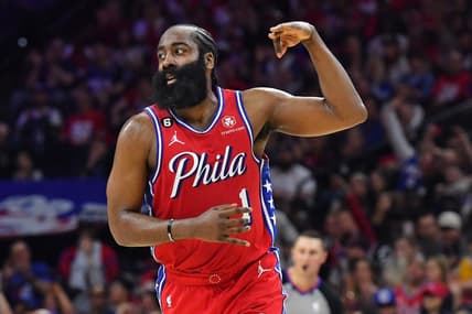 Apr 15, 2023; Philadelphia, Pennsylvania, USA;Philadelphia 76ers guard James Harden (1) reacts after making a three point basket against the Brooklyn Nets during the second quarter of game one of the 2023 NBA playoffs at Wells Fargo Center. Mandatory Credit: Eric Hartline-USA TODAY Sports
