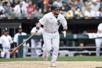 Apr 15, 2023; Chicago, Illinois, USA; Chicago White Sox first baseman Jake Burger (30) watches his sacrifice fly against the Baltimore Orioles during the fourth inning at Guaranteed Rate Field. Mandatory Credit: Kamil Krzaczynski-USA TODAY Sports