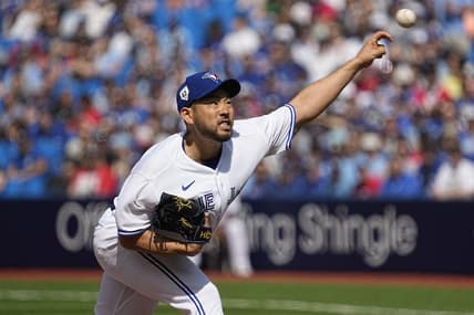 Apr 15, 2023; Toronto, Ontario, CAN; Toronto Blue Jays pitcher Yusei Kikuchi pitches to the Tampa Bay Rays during the first inning on Jackie Robinson day at Rogers Centre. Mandatory Credit: John E. Sokolowski-USA TODAY Sports