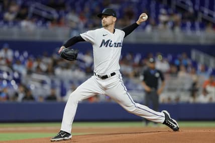 Apr 15, 2023; Miami, Florida, USA; Miami Marlins starting pitcher Braxton Garrett (42) delivers against the Arizona Diamondbacks during the first inning at loanDepot Park. Mandatory Credit: Sam Navarro-USA TODAY Sports