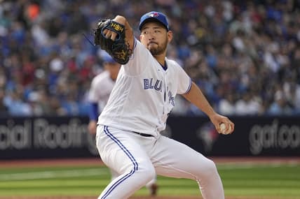 Apr 15, 2023; Toronto, Ontario, CAN; Toronto Blue Jays pitcher Yusei Kikuchi pitches to the Tampa Bay Rays during the sixth inning at Rogers Centre. Mandatory Credit: John E. Sokolowski-USA TODAY Sports