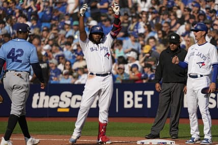 Apr 15, 2023; Toronto, Ontario, CAN; Toronto Blue Jays designated hitter Vladimir Guerrero Jr. celebrates hitting a single against the Tampa Bay Rays during the seventh inning at Rogers Centre. Mandatory Credit: John E. Sokolowski-USA TODAY Sports