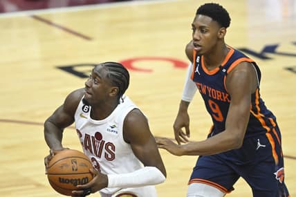 Apr 15, 2023; Cleveland, Ohio, USA; Cleveland Cavaliers guard Caris LeVert (3) drives past New York Knicks guard RJ Barrett (9) in the second quarter of game one of the 2023 NBA playoffs at Rocket Mortgage FieldHouse. Mandatory Credit: David Richard-USA TODAY Sports