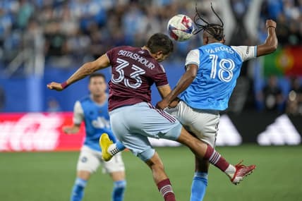 Apr 15, 2023; Charlotte, North Carolina, USA; Colorado Rapids defender Steven Beitashour (33) and Charlotte FC forward Kerwin Vargas (18) meet for a header during the first half at Bank of America Stadium. Mandatory Credit: Jim Dedmon-USA TODAY Sports