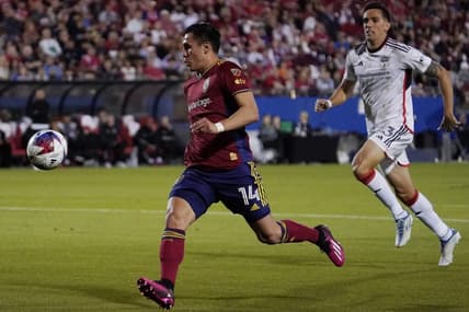 Apr 15, 2023; Frisco, Texas, USA; Real Salt Lake forward Rubio Rubin (14) is seen controlling the ball at Toyota Stadium. Mandatory Credit: Raymond Carlin III-USA TODAY Sports