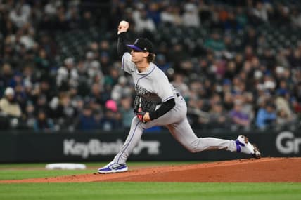 Apr 15, 2023; Seattle, Washington, USA; Colorado Rockies starting pitcher Ryan Feltner pitches to the Seattle Mariners during the first inning at T-Mobile Park. Mandatory Credit: Steven Bisig-USA TODAY Sports