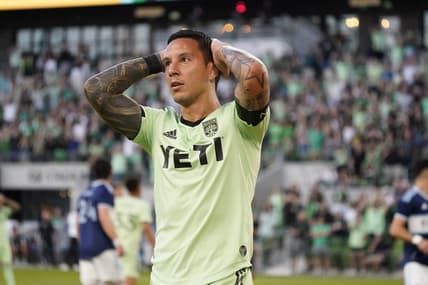 Apr 15, 2023; Austin, Texas, USA; Austin FC forward Sebastian Driussi (10) reacts during the game at Q2 Stadium. Mandatory Credit: Scott Wachter-USA TODAY Sports