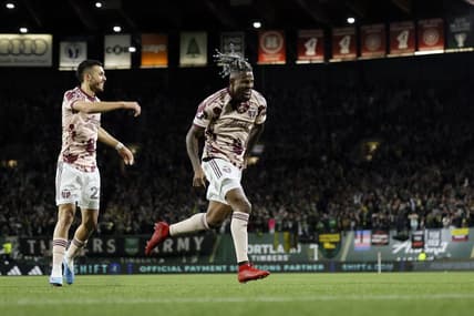Apr 15, 2023; Portland, Oregon, USA;Portland Timbers forward Dairon Asprilla (27) celebrates after scoring a goal   during the second half against the Seattle Sounders at Providence Park. Mandatory Credit: Soobum Im-USA TODAY Sports