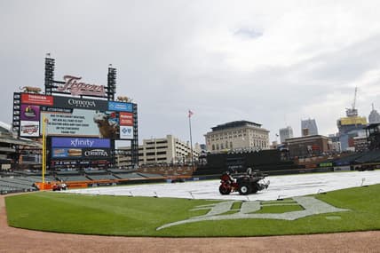 Apr 16, 2023; Detroit, Michigan, USA;  The game between the Detroit Tigers and the San Francisco Giants is delayed due to inclement weather at Comerica Park. Mandatory Credit: Rick Osentoski-USA TODAY Sports